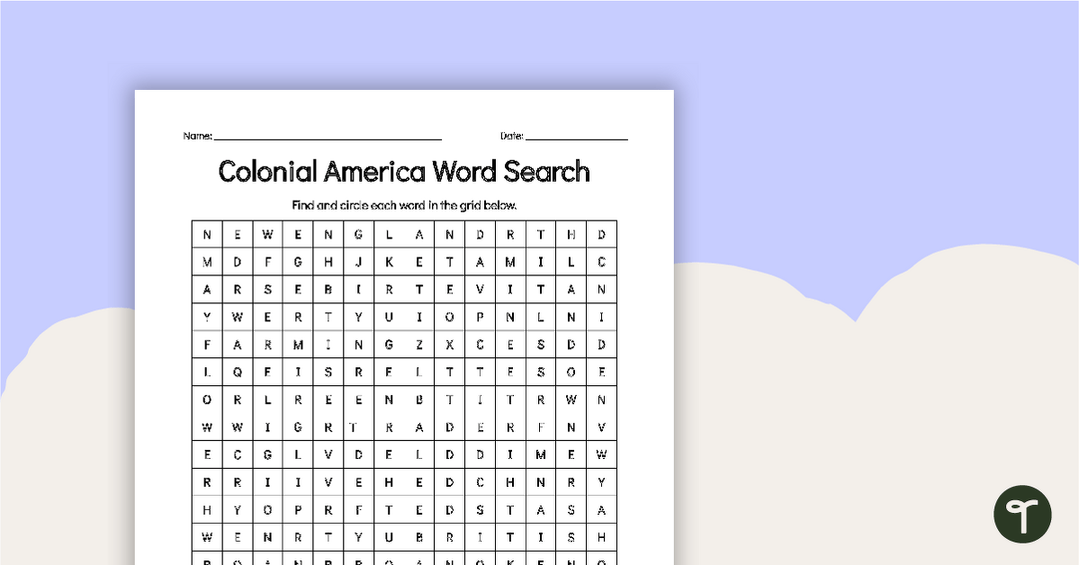 Colonial America Word Search Teach Starter