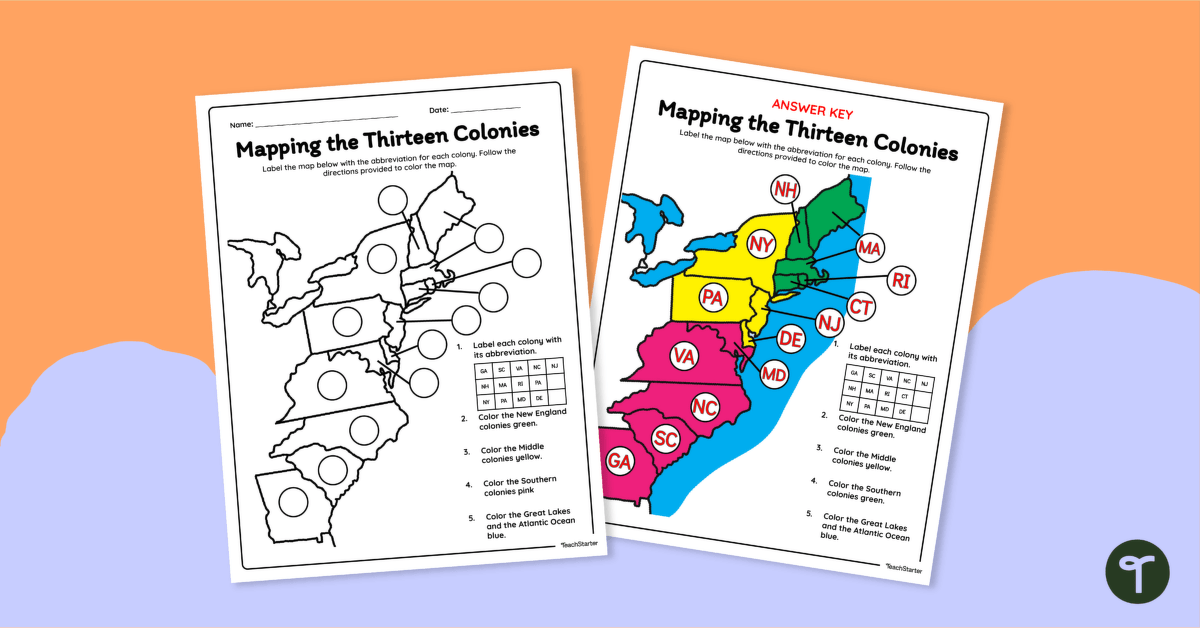 13 Colonies Map Labeling Worksheet teaching resource