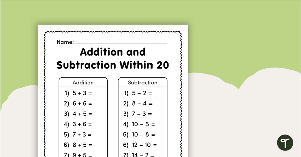 Addition and Subtraction Within 20 – Worksheet teaching resource