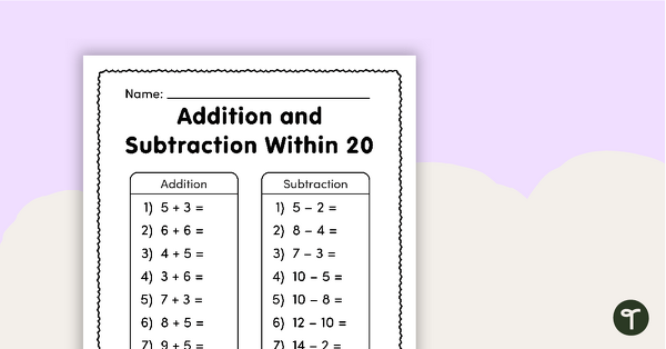 Addition and Subtraction Within 20 – Worksheet teaching resource