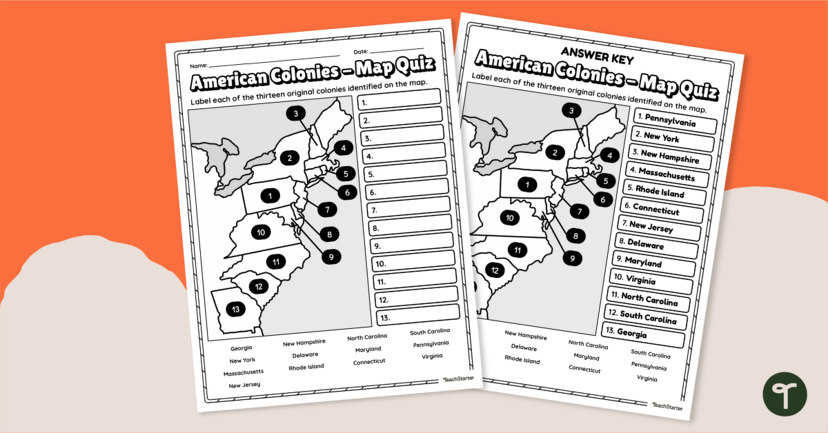 13 Colonies Map Quiz teaching resource