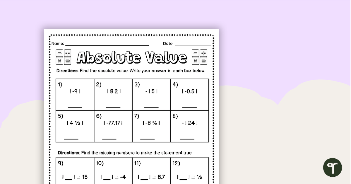 Absolute Value - Worksheet teaching resource