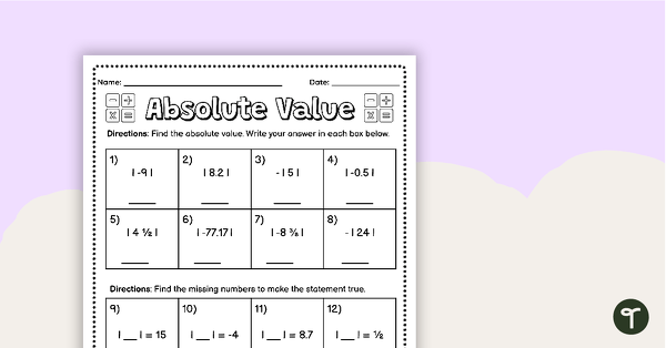 Absolute Value - Worksheet | Teach Starter
