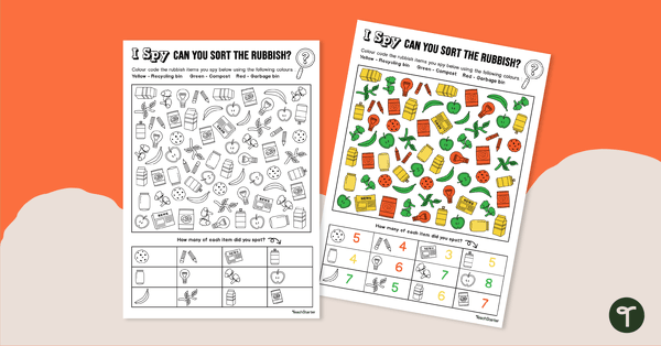 Recycling I Spy and Sort Worksheet teaching resource
