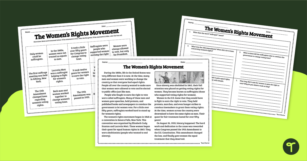 The Women's Rights Movement Worksheets - Comprehension teaching resource