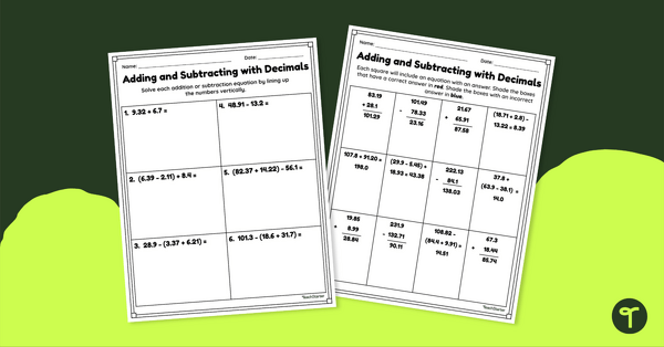 Adding and Subtracting with Decimals – Worksheet teaching resource
