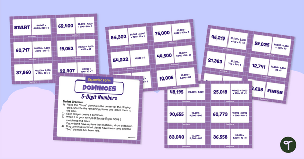 Go to Expanded Form Dominoes (5-Digit Numbers) teaching resource