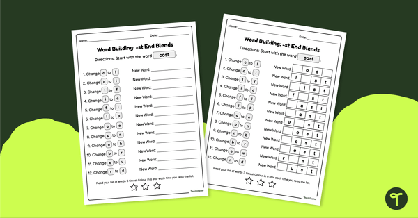 Go to Word Chain Worksheet - End -st Blends teaching resource