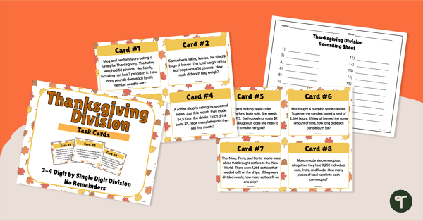 Go to Thanksgiving Word Problems - 3 and 4-Digit Division Task Cards teaching resource