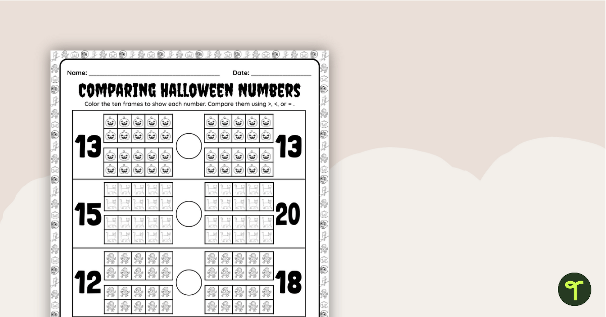 Halloween Comparing Numbers Worksheet - Ten Frames teaching resource
