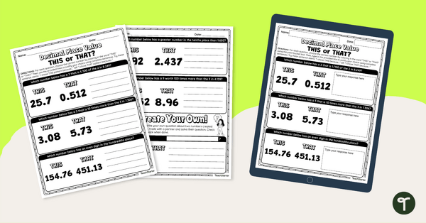 Image of Decimal Place Value – Digital and Printable Worksheet