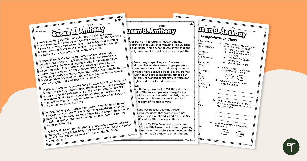 Susan B. Anthony - Differentiated Comprehension Worksheets teaching resource