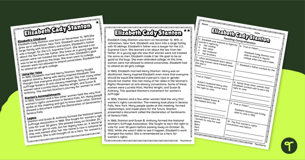 Go to Elizabeth Cady Stanton - Differentiated Comprehension Worksheets teaching resource