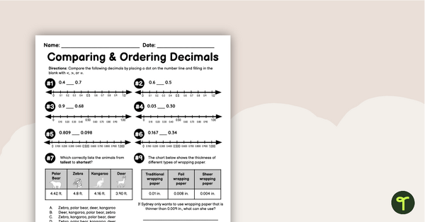 Image of Comparing and Ordering Decimals – Worksheet
