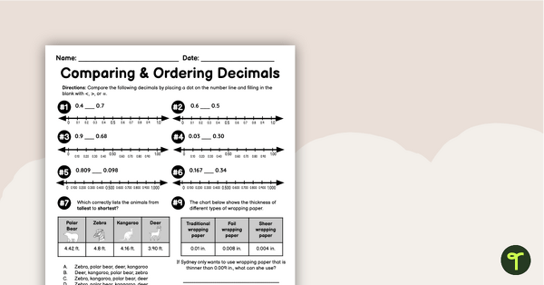 Go to Comparing and Ordering Decimals – Worksheet teaching resource