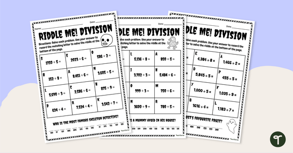 Image of Halloween Themed Division Riddles - Worksheet