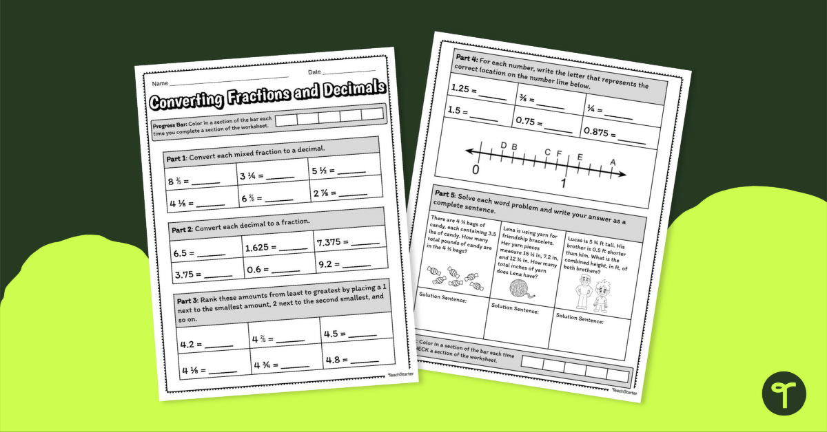 Converting Fractions and Decimals – Worksheet teaching resource