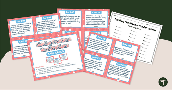 Go to Dividing Fractions –Word Problem Task Cards teaching resource