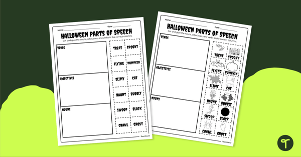 Halloween Parts of Speech- Cut and Paste Worksheet teaching resource