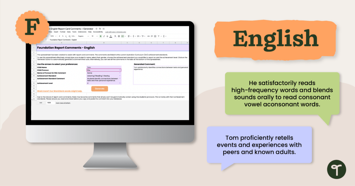 Foundation Report Card English Comments teaching resource