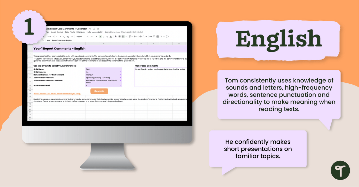 Year 1 Report Card English Comments teaching resource