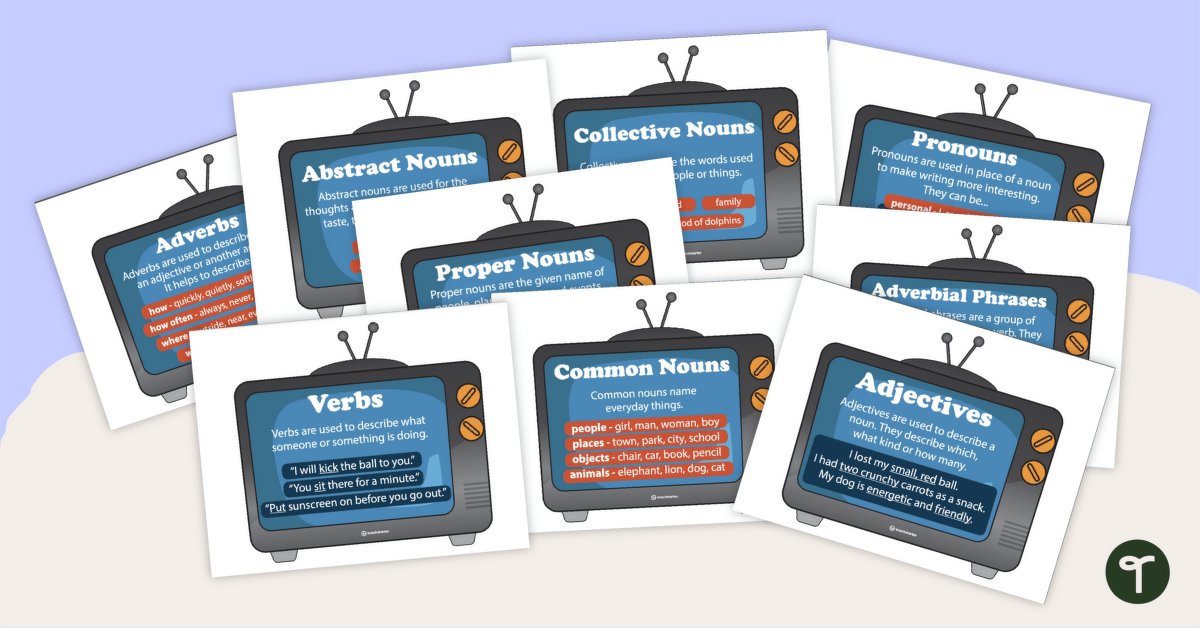 Grammar TVs - Nouns, Verbs, Adjectives, Adverbs, Pronouns, Common Nouns, and More teaching resource
