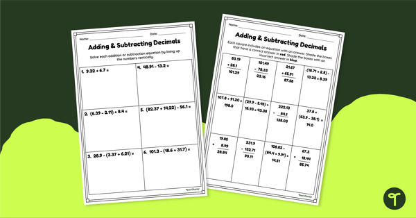 Go to Adding and Subtracting Decimals Year 6 Worksheet teaching resource