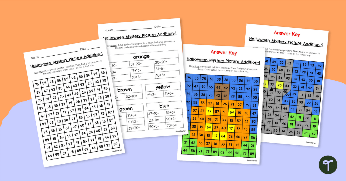 2-Digit Addition Colour by Number - Halloween Mystery Picture teaching resource