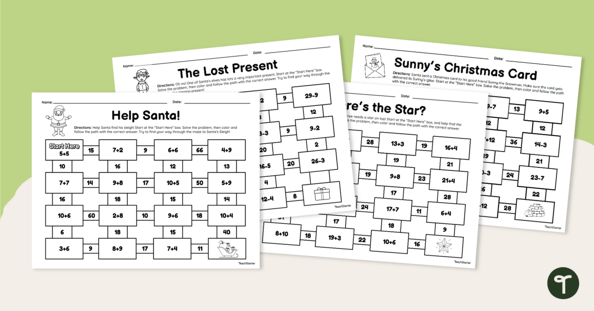 Christmas Math Worksheets - Addition and Subtraction Mazes teaching resource