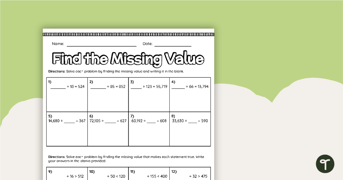 Find the Missing Value – Division Worksheet teaching resource