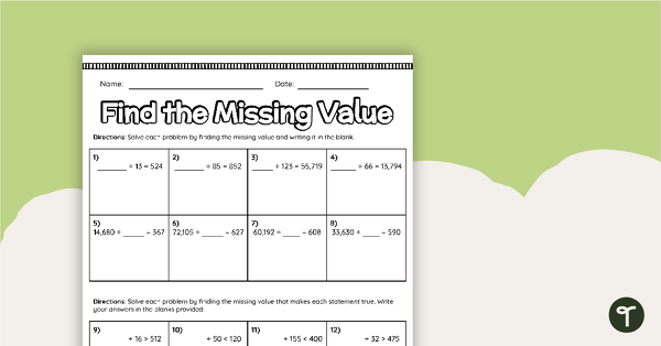 Find the Missing Value – Division Worksheet | Teach Starter