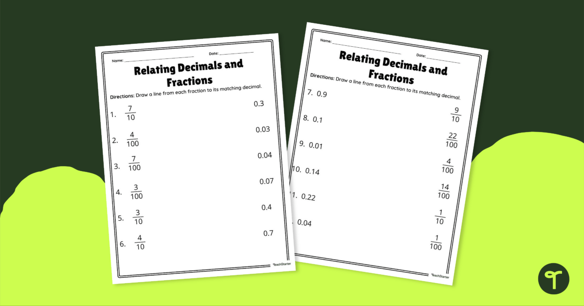 Relating Decimals and Fractions Worksheet teaching resource