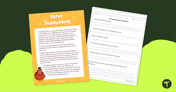 Go to Thanksgiving - Comprehension Worksheet for 3rd Grade teaching resource