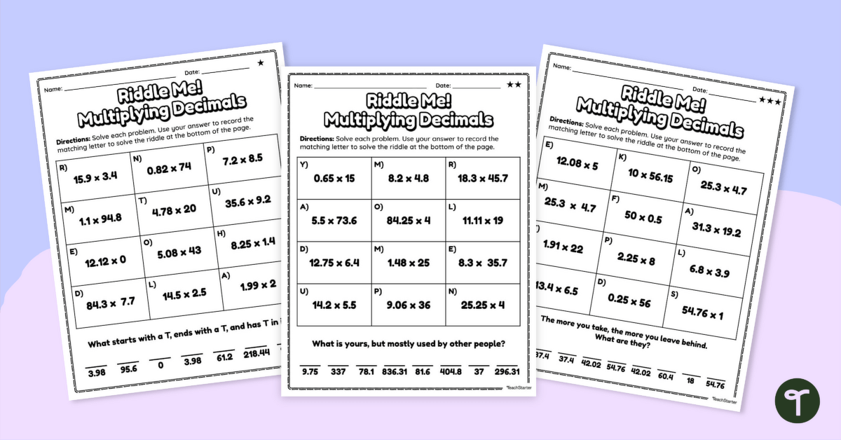 Multiplying Decimals – Riddle Worksheets teaching resource