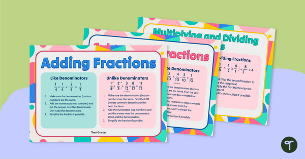 Go to Adding, Subtracting, Multiplying, and Dividing Fractions Anchor Charts teaching resource