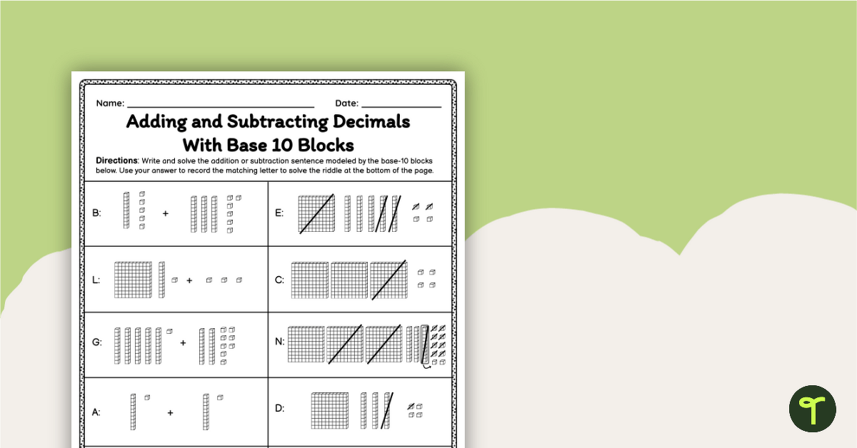 Adding and Subtracting Decimals with Base-10 Blocks – Worksheet teaching resource
