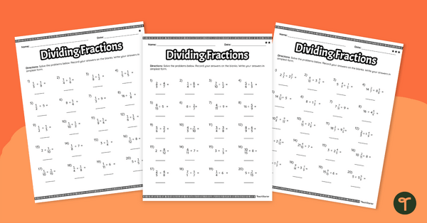 Dividing Fractions – Differentiated Worksheets teaching resource