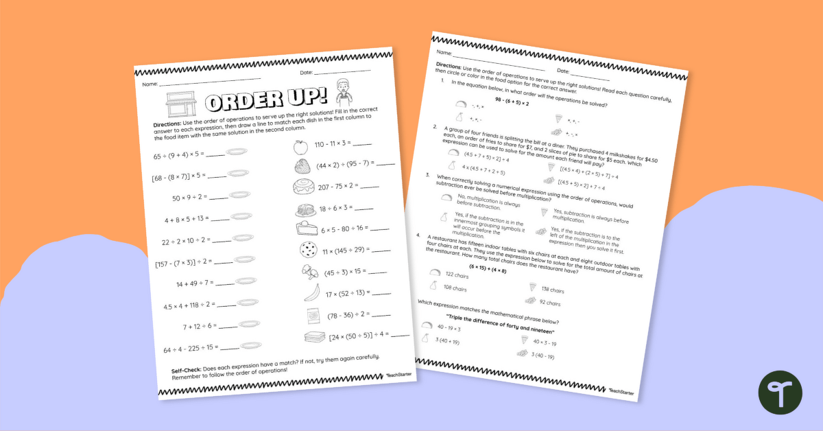 Order Up! Numerical Expressions Worksheet teaching resource