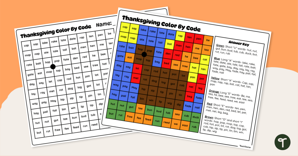 Thanksgiving Color by Code - Vowels teaching resource