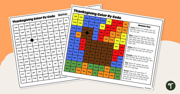 Go to Thanksgiving Color by Code - Vowels teaching resource