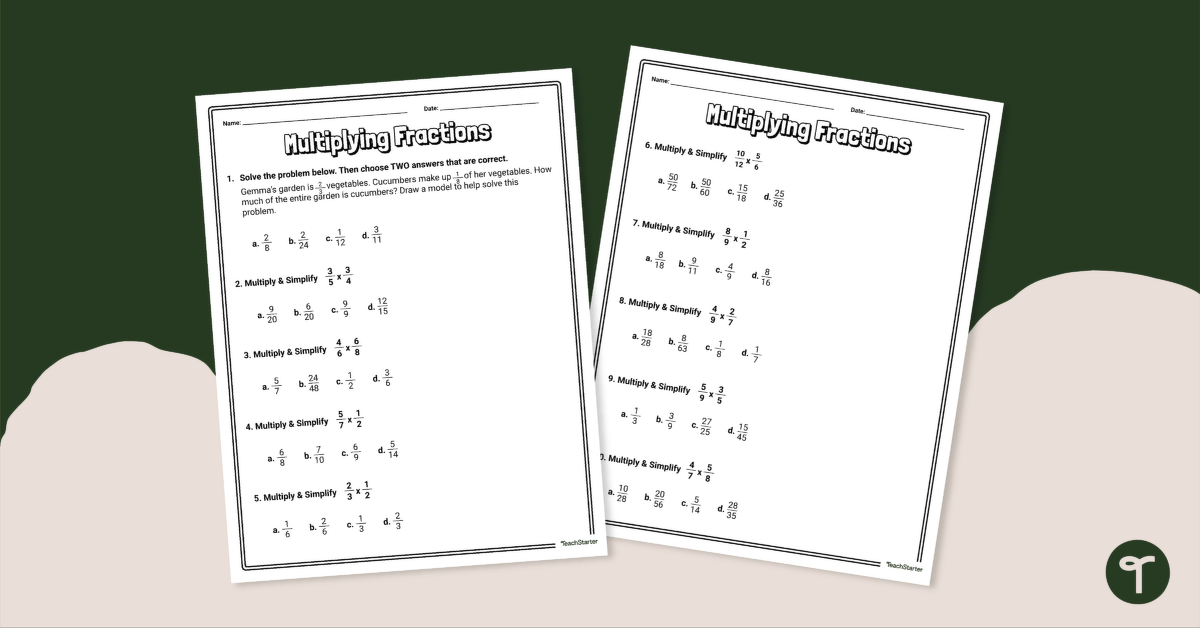 Multiplying Fractions Worksheet teaching resource