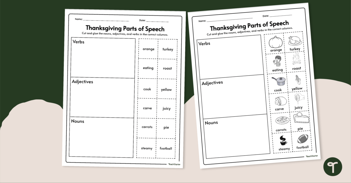 Thanksgiving Worksheet - Parts of Speech Sort teaching resource