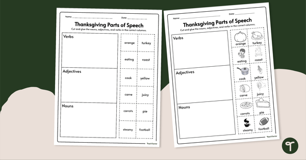 Go to Thanksgiving Worksheet - Parts of Speech Sort teaching resource
