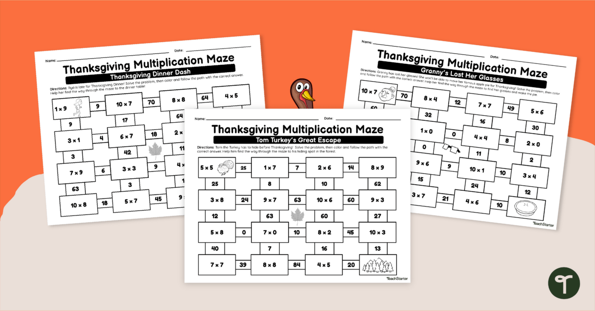 Thanksgiving Math Mazes - Multiplication teaching resource