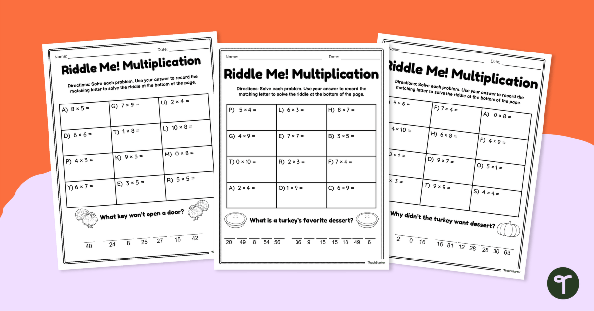Thanksgiving Math Worksheets - Multiplication Riddles teaching resource