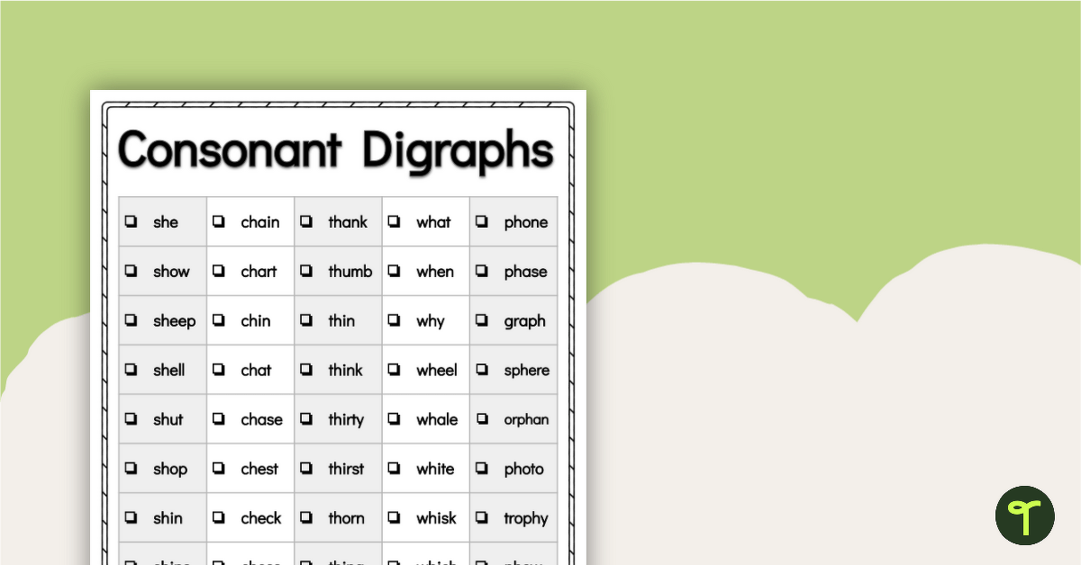 Word Study List - Consonant Digraphs teaching resource
