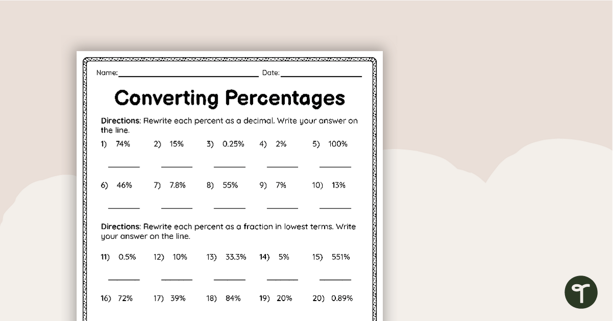Converting Percentages – Worksheet teaching resource