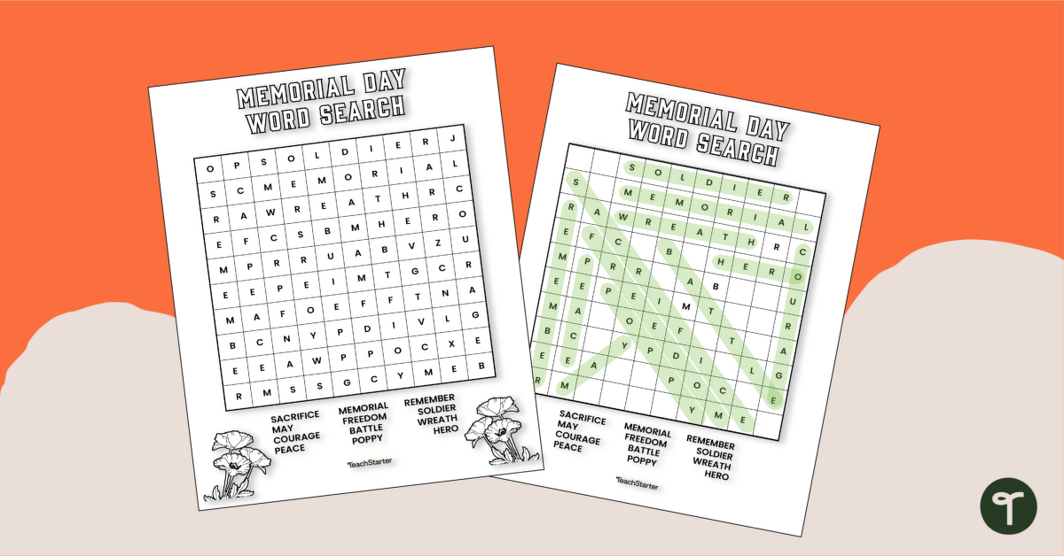Word Search - Memorial Day Words for Upper Grades teaching resource