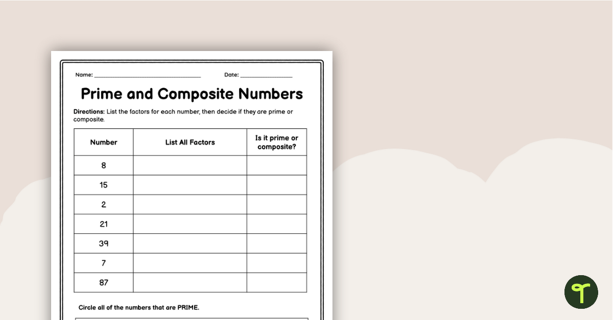 Prime and Composite Numbers Worksheet teaching resource