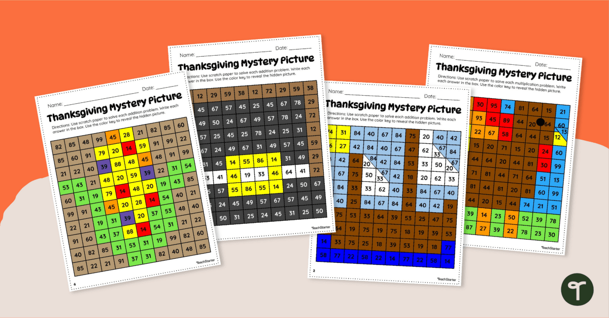 Thanksgiving Mystery Pictures - Addition to 99 teaching resource